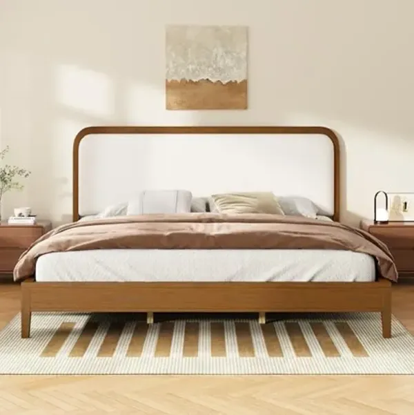 Christopher Knight Home Archer Upholstered King Size Bed Frame with Headboard, Modern King Bed Frame and Headboard, Wooden Slats Support, Easy Assembly, No Box Spring Needed, Beige+Brown