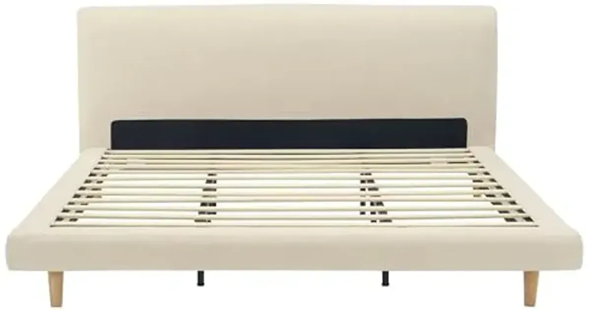 Christopher Knight Home Posey Modern Upholstered King Size Bed Frame with Headboard, Modern King Bed Frame and Headboard, Wooden Slats Support, Easy Assembly, No Box Spring Needed, Beige+Natural