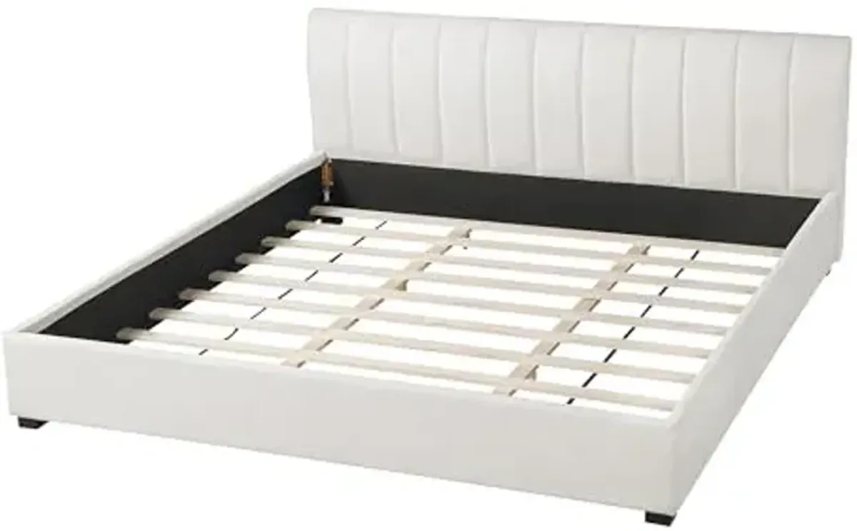 Christopher Knight Home Etta Linen Upholstered King Size Bed Frame with Headboard, Modern King Bed Frame and Headboard, Wooden Slats Support, Easy Assembly, No Box Spring Needed, Beige