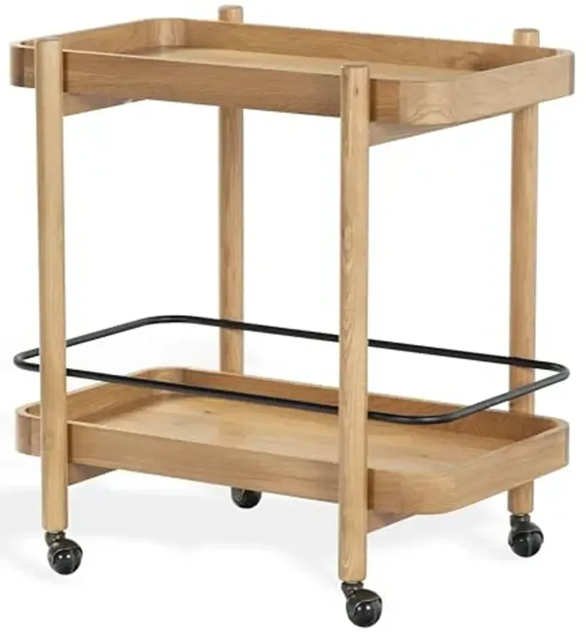 SAFAVIEH Couture Collection - Krystof Natural Brown Wood Bar Cart, 2-Shelf Rolling Serving Cart with Black Rail, Rounded Corners (SFV4249A)