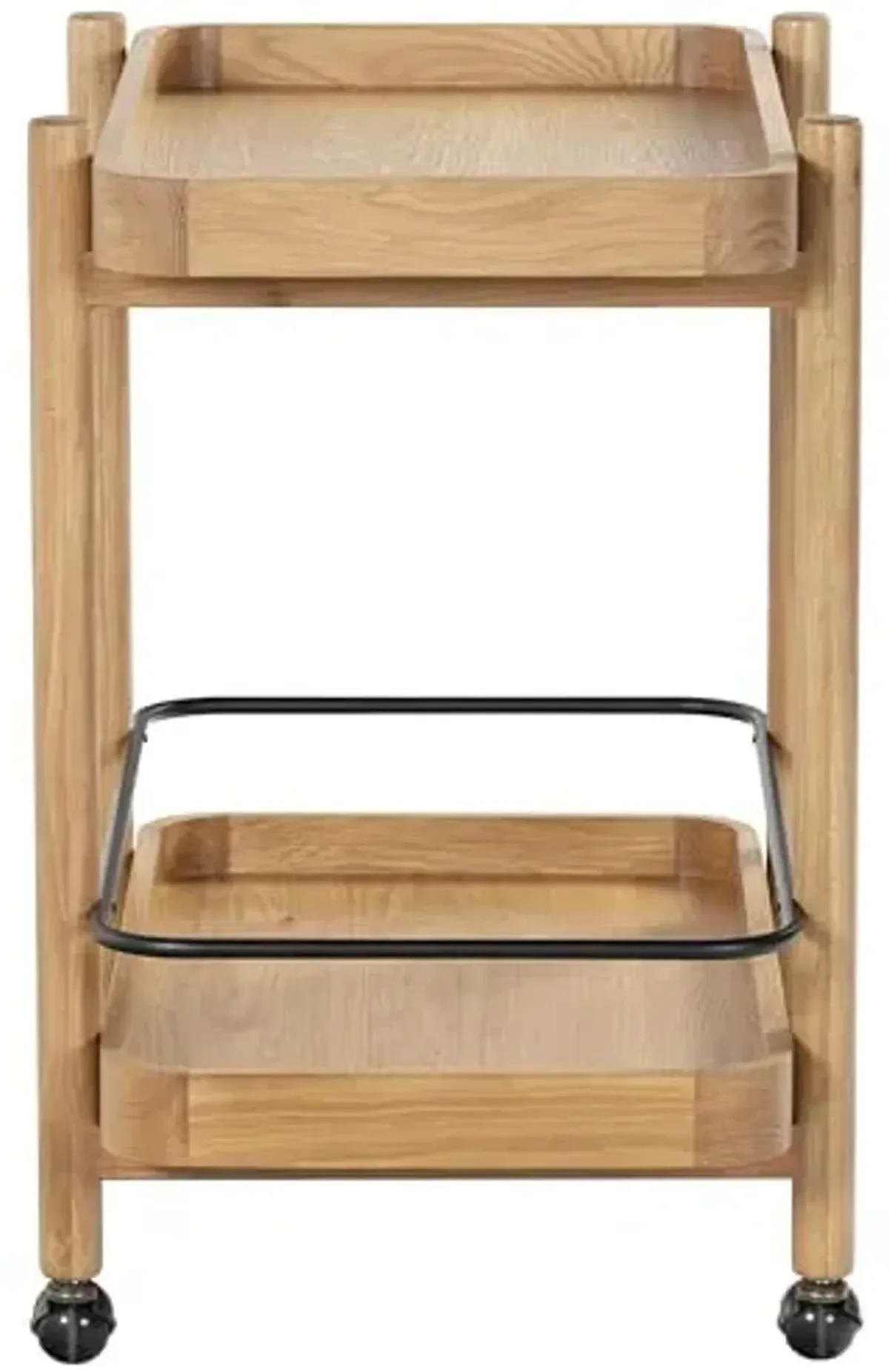 SAFAVIEH Couture Collection - Krystof Natural Brown Wood Bar Cart, 2-Shelf Rolling Serving Cart with Black Rail, Rounded Corners (SFV4249A)