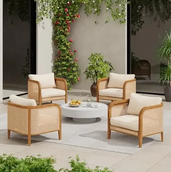 Christopher Knight Home Tilden Bohemian Acacia Wood Lounge Chair Outdoor Set of 4, Wicker Patio Accent Chair with Wooden Frame, Patio Furniture Set with Removable Cushion, Teak+Beige