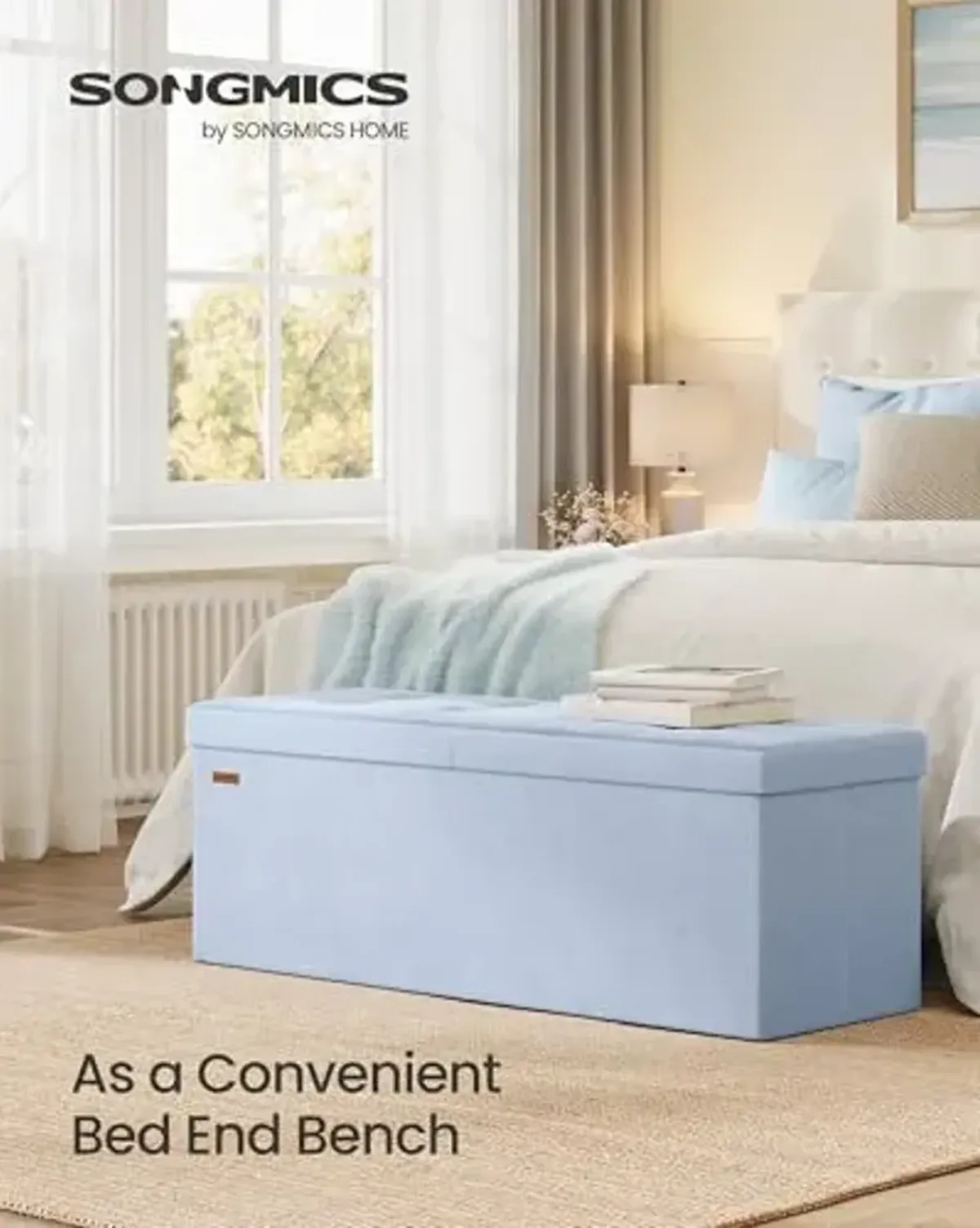 SONGMICS Mazie Collection - 43 Inches Storage Ottoman, Foldable Storage Bench with Flipping Lid, 660 lb Load Capacity, for Entryway, Living Room, Bedroom, Velvet Fabric, Pale Blue ULSF078QQ03