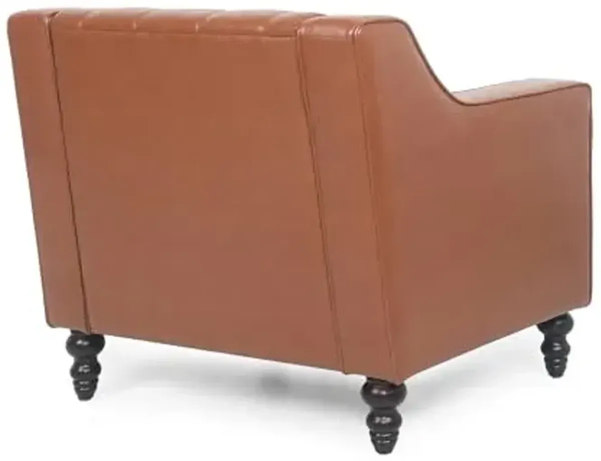 Christopher Knight Home Azjzh PU Leather Club Chair with Button Tufted Diamond Stitch, Sloped Arms & Turned Birch Wood Legs, 31" H Upholstered Accent Chair for Living Room, Office, Light Brown