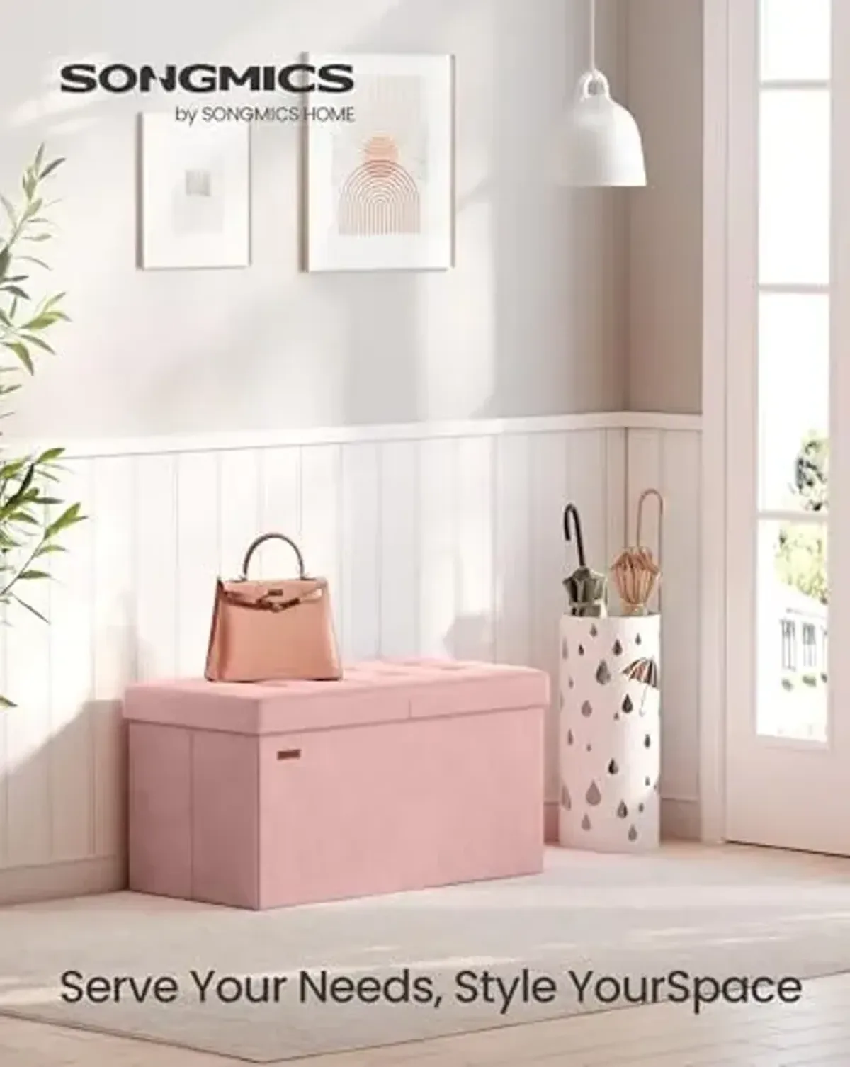 SONGMICS Mazie Collection - 30 Inches Storage Ottoman, Foldable Storage Bench with Flipping Lid, 660 lb Load Capacity, for Entryway, Living Room, Bedroom, Velvet Fabric, Jelly Pink ULSF048SA03