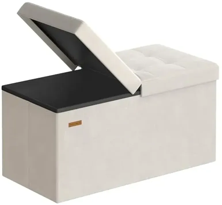 SONGMICS Mazie Collection - 30 Inches Storage Ottoman, Foldable Storage Bench with Flipping Lid, 660 lb Load Capacity, for Entryway, Living Room, Bedroom, Velvet Fabric, Cream White ULSF048LH01