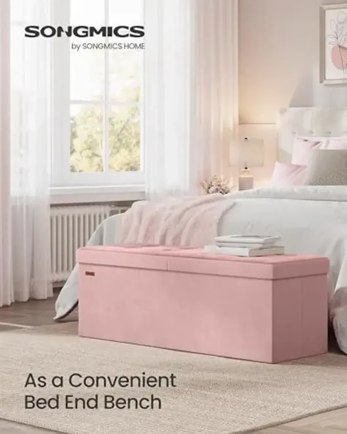 SONGMICS Mazie Collection - 43 Inches Storage Ottoman, Foldable Storage Bench with Flipping Lid, 660 lb Load Capacity, for Entryway, Living Room, Bedroom, Velvet Fabric, Jelly Pink ULSF078SA01