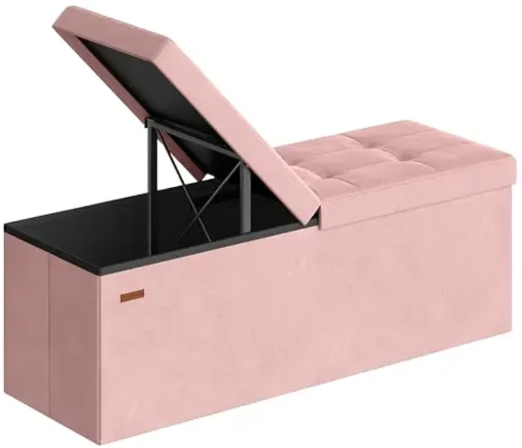 SONGMICS Mazie Collection - 43 Inches Storage Ottoman, Foldable Storage Bench with Flipping Lid, 660 lb Load Capacity, for Entryway, Living Room, Bedroom, Velvet Fabric, Jelly Pink ULSF078SA01
