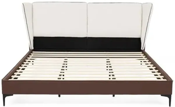 Christopher Knight Home Reid Teddy Fleece Upholstered King Size Bed Frame with Wingback Headboard, Modern PU King Bed Frame and Headboard, Easy Assembly, No Box Spring Needed, Brown+White