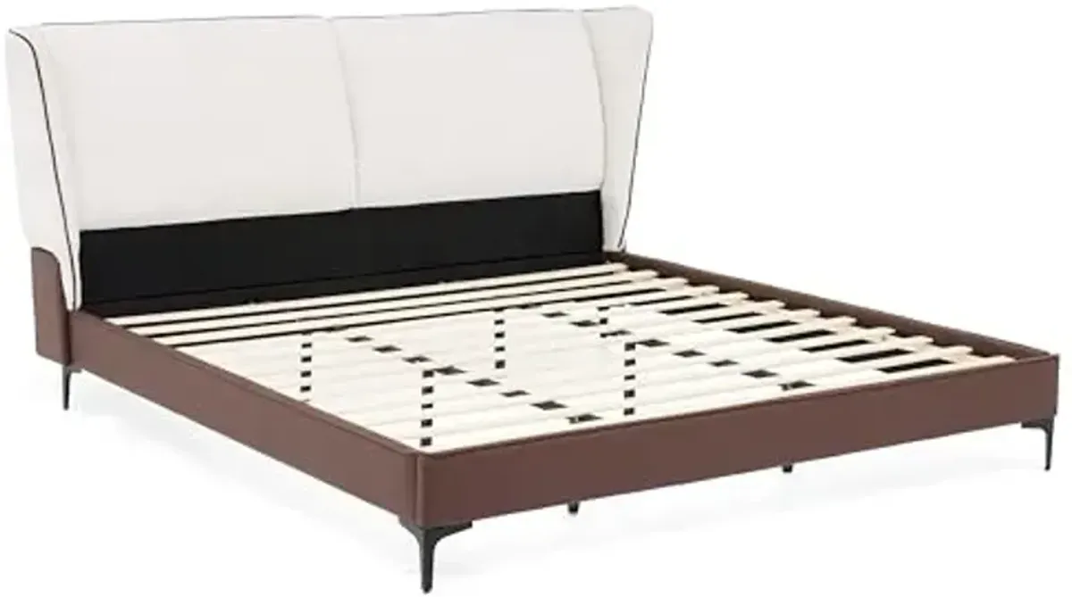 Christopher Knight Home Reid Teddy Fleece Upholstered King Size Bed Frame with Wingback Headboard, Modern PU King Bed Frame and Headboard, Easy Assembly, No Box Spring Needed, Brown+White