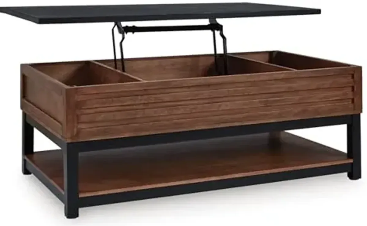 Signature Design by Ashley Kallari Industrial Lift-Top Coffee Table with 2 Storage Bins, Black & Dark Brown