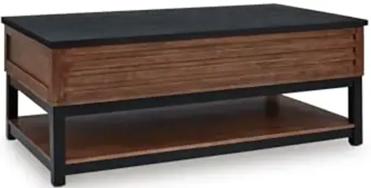 Signature Design by Ashley Kallari Industrial Lift-Top Coffee Table with 2 Storage Bins, Black & Dark Brown