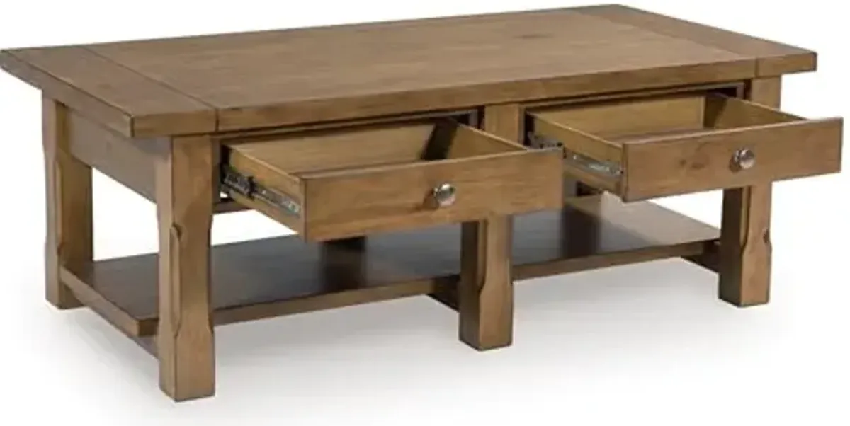 Signature Design by Ashley Vandenmore Casual Rectangular Coffee Table with 2 Drawers and Lower Shelf, Bronze Knobs, Wood, 54" W x 26" D x 19.13" H, Brown