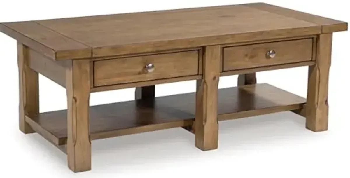 Signature Design by Ashley Vandenmore Casual Rectangular Coffee Table with 2 Drawers and Lower Shelf, Bronze Knobs, Wood, 54" W x 26" D x 19.13" H, Brown