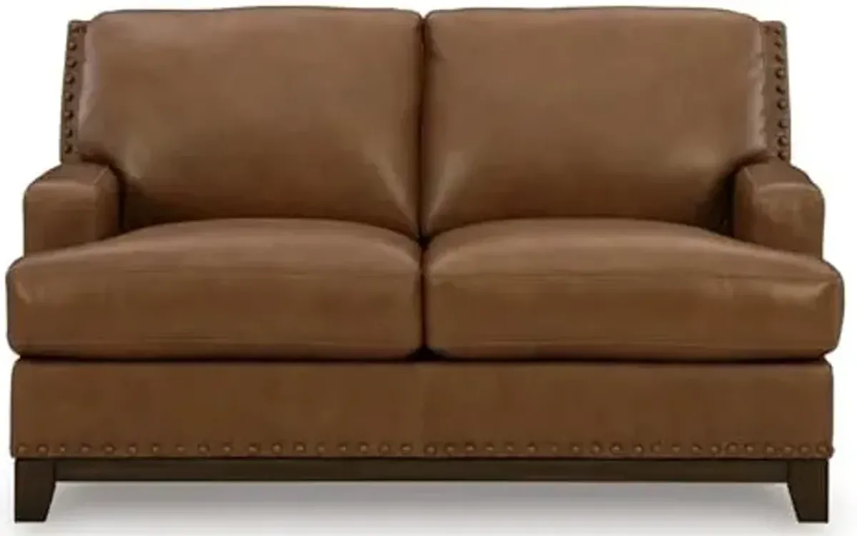 Signature Design by Ashley Brendola Transitional Leather Match Loveseat with Loose Seat Cushions and Nailhead Trim, Light Brown