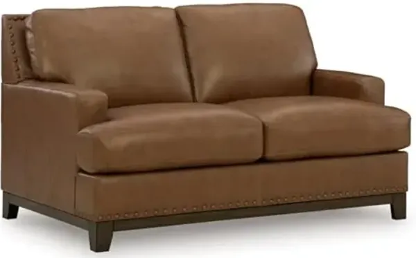 Signature Design by Ashley Brendola Transitional Leather Match Loveseat with Loose Seat Cushions and Nailhead Trim, Light Brown