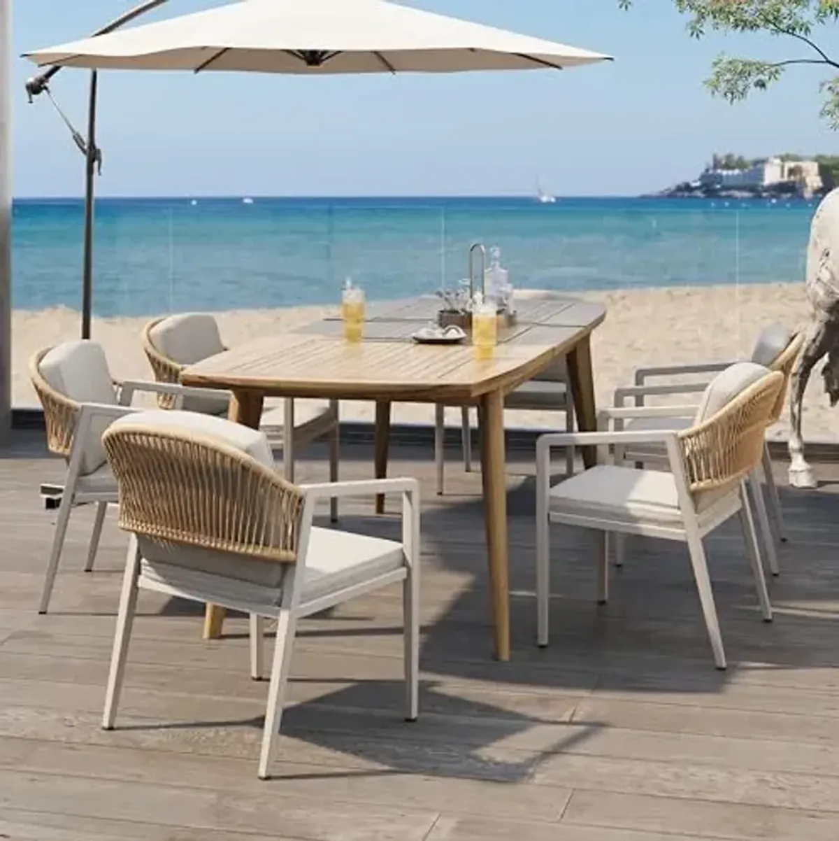 Christopher Knight Home Deka 7 Pieces Outdoor Dining Table Set for 6, Metal Dining Chairs Set of 6 with PE Rattan Backrest, Acacia Wood Expandable Dining Table, Outdoor Patio Furniture Set, Teak+Gray