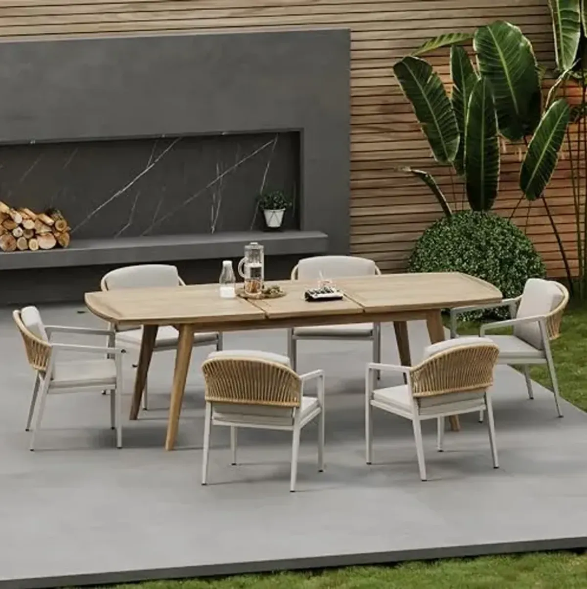 Christopher Knight Home Deka 7 Pieces Outdoor Dining Table Set for 6, Metal Dining Chairs Set of 6 with PE Rattan Backrest, Acacia Wood Expandable Dining Table, Outdoor Patio Furniture Set, Teak+Gray