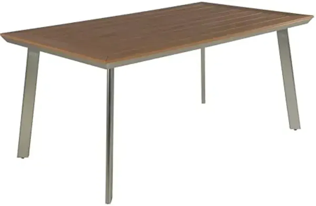 Christopher Knight Home Ramsay 63'' Wood Outdoor Dining Table for 6, Patio Farmhouse Dining Table with Metal Legs, Rectangle Slatted Top for Outdoor Gatherings/Backyard/Garden, Natural Brown + Silver