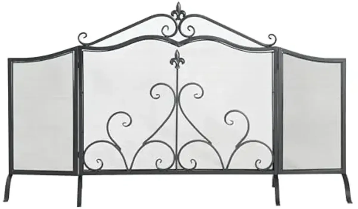 Christopher Knight Home Suho 3-Panel Iron Fireplace Screen, Foldable Fire Spark Guard with Wrought Metal Decorative Mesh, Arch Heavy Duty with Central Floral Pattern, 54" x 31.5", Black