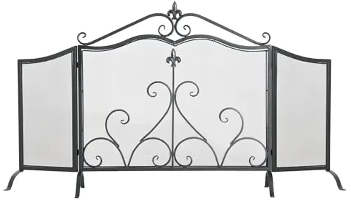 Christopher Knight Home Suho 3-Panel Iron Fireplace Screen, Foldable Fire Spark Guard with Wrought Metal Decorative Mesh, Arch Heavy Duty with Central Floral Pattern, 54" x 31.5", Black