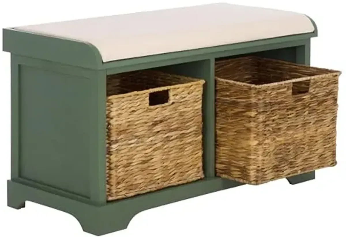 SAFAVIEH Home Collection – Freddy Dusty Green Storage Bench with Seat Cushion, 2 Basket Drawers, Coastal Farmhouse Entryway Design, Fully Assembled (AMH5736L)