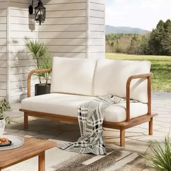 Christopher Knight Home Canape Acacia Wood Patio Loveseat Sofa with Cushion, Outdoor 2-Seater Sofa with Removable Cushions, Solid Wood Patio Furniture Set, Teak+Beige