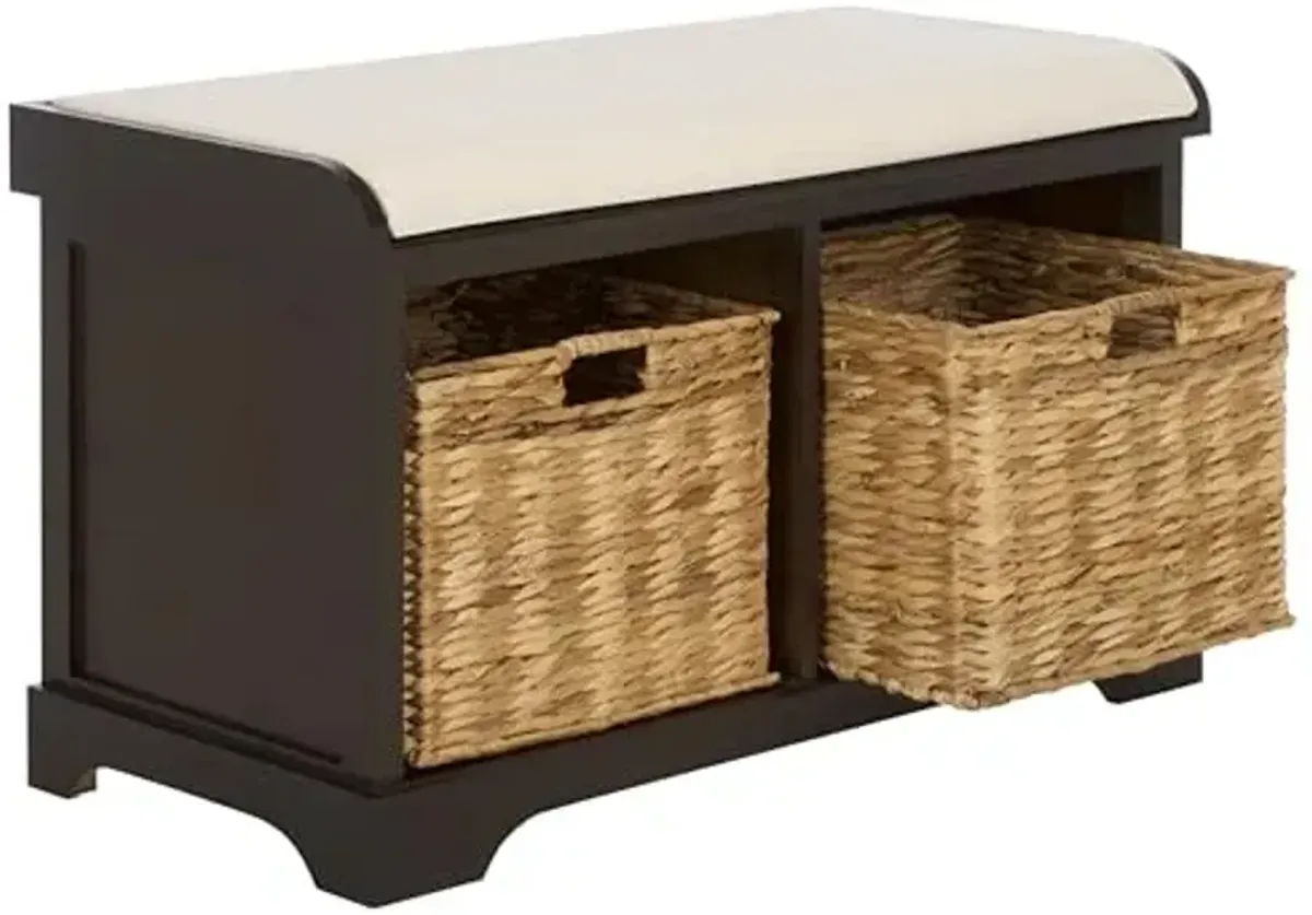 SAFAVIEH Home Collection – Freddy Dark Chocolate Storage Bench with Seat Cushion, 2 Basket Drawers, Coastal Farmhouse Entryway Design, Fully Assembled (AMH5736H)