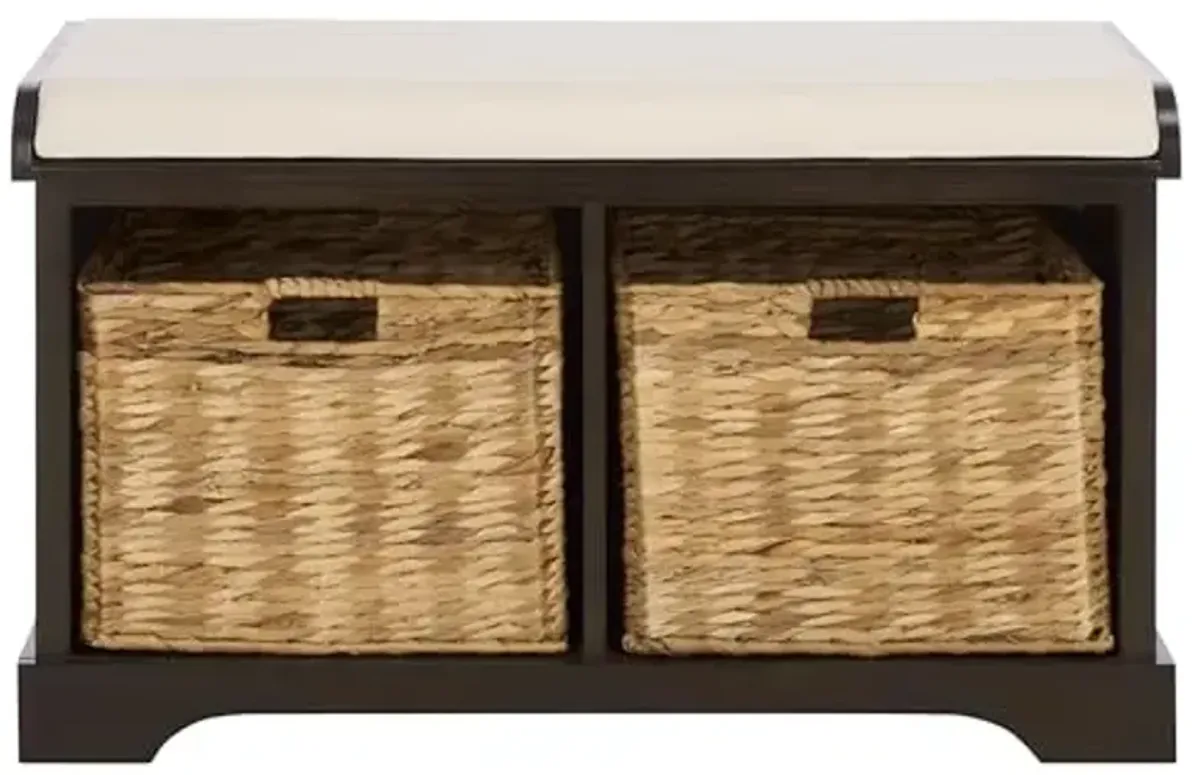 SAFAVIEH Home Collection – Freddy Dark Chocolate Storage Bench with Seat Cushion, 2 Basket Drawers, Coastal Farmhouse Entryway Design, Fully Assembled (AMH5736H)