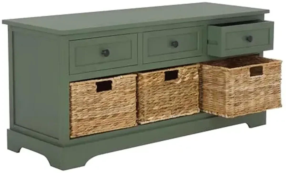 SAFAVIEH Home Collection – Damien Dusty Green 6-Drawer Storage Bench, Mixed-Material Cottage Design, Fully Assembled (AMH5701J)