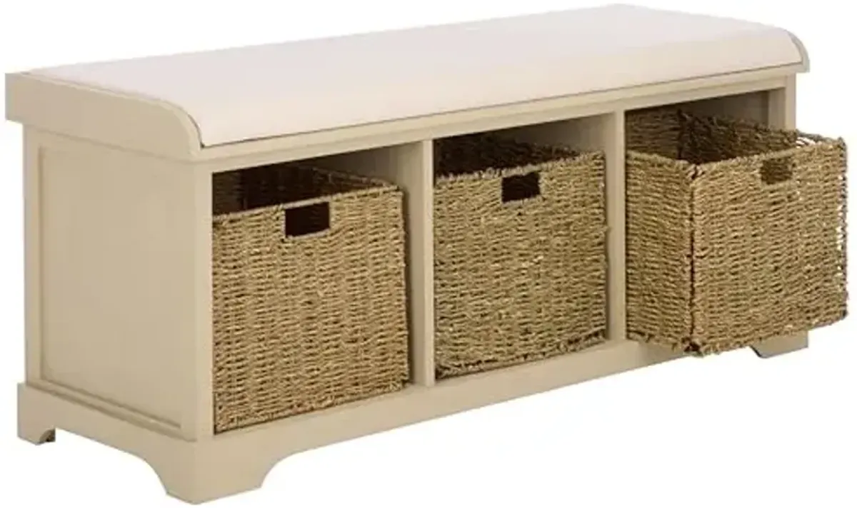 SAFAVIEH Home Collection – Lonan Sand Storage Bench with Seat Cushion, 3 Basket Drawers, Coastal Farmhouse Entryway Design (AMH5733G)