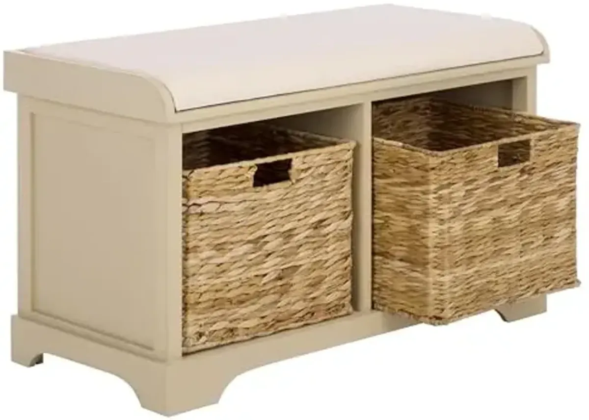 SAFAVIEH Home Collection – Freddy Sand Storage Bench with Seat Cushion, 2 Basket Drawers, Coastal Farmhouse Entryway Design, Fully Assembled (AMH5736J)
