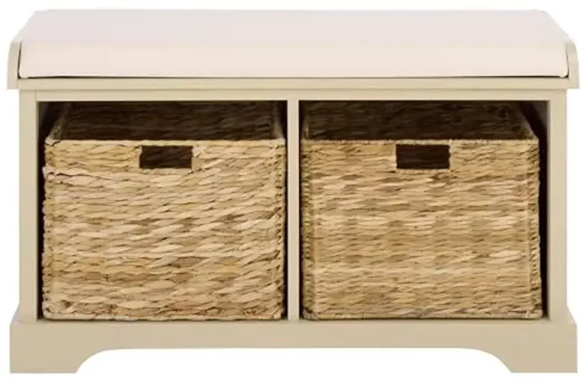 SAFAVIEH Home Collection – Freddy Sand Storage Bench with Seat Cushion, 2 Basket Drawers, Coastal Farmhouse Entryway Design, Fully Assembled (AMH5736J)