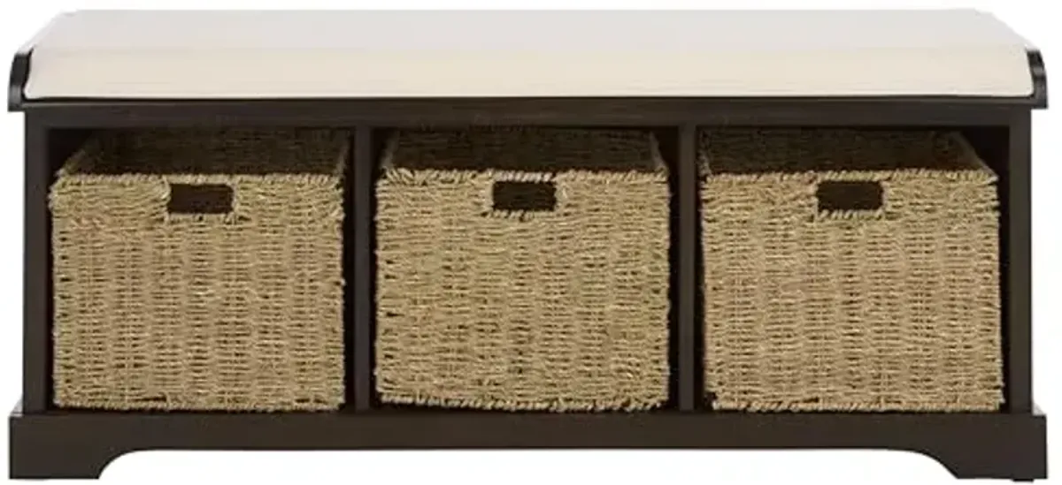 SAFAVIEH Home Collection – Lonan Dark Chocolate Storage Bench with Seat Cushion, 3 Basket Drawers, Coastal Farmhouse Entryway Design (AMH5733F)