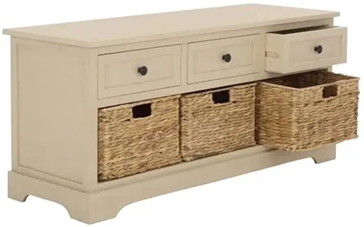SAFAVIEH Home Collection – Damien Sand 6-Drawer Storage Bench, Mixed-Material Cottage Design, Fully Assembled (AMH5701G)