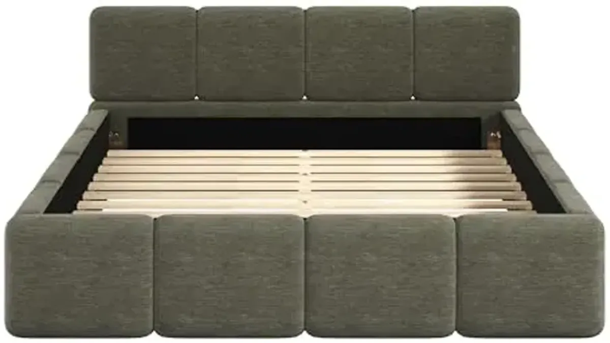 Christopher Knight Home Hazel Linen Upholstered Queen Size Bed Frame with Headboard, Modern Queen Bed Frame and Headboard, Wood Slat Support, No Spring Box Needed, Easy Assembly, Olive Green