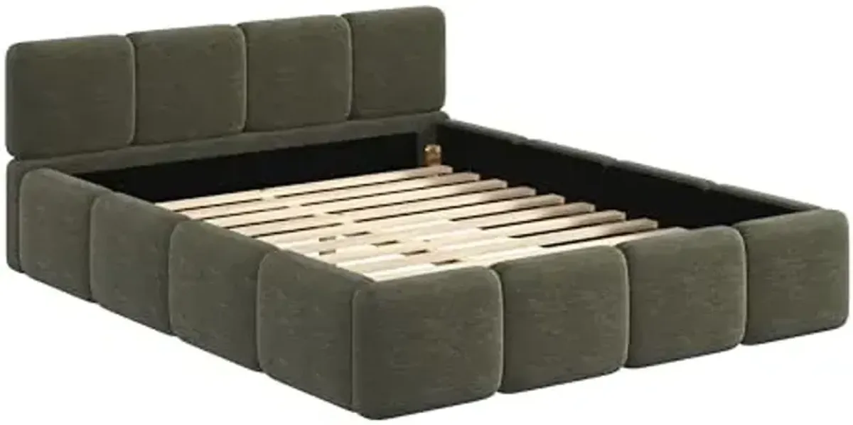 Christopher Knight Home Hazel Linen Upholstered Queen Size Bed Frame with Headboard, Modern Queen Bed Frame and Headboard, Wood Slat Support, No Spring Box Needed, Easy Assembly, Olive Green