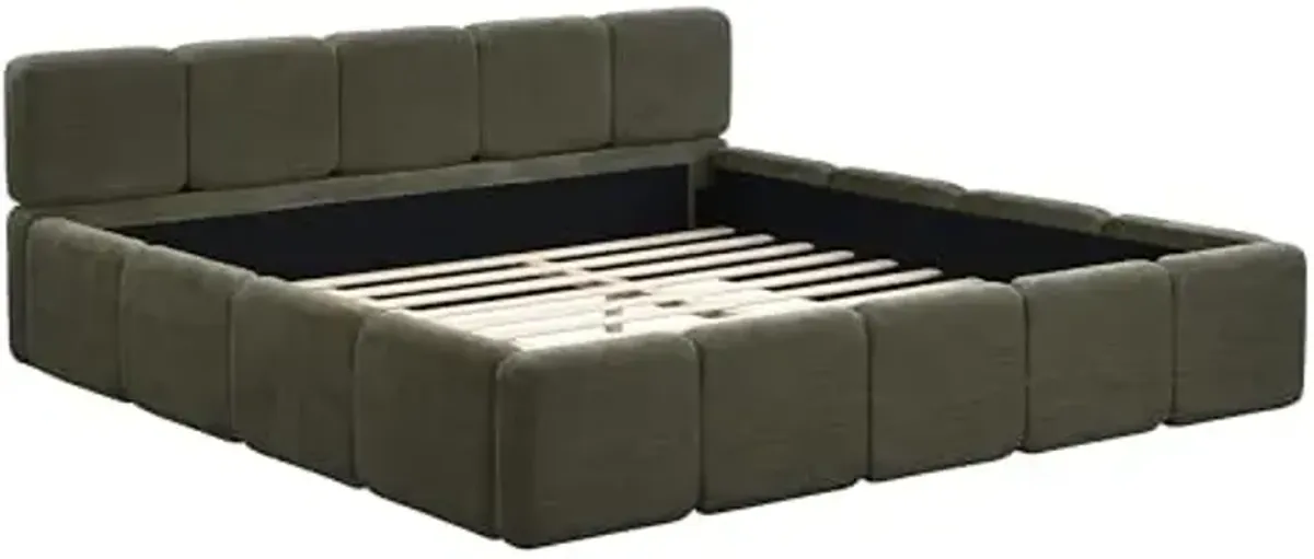 Christopher Knight Home Hazel Linen California King Size Bed Frame with Headboard, Modern California King Bed Frame and Headboard, Wood Slat Support, No Spring Box Needed, Easy Assembly, Olive Green