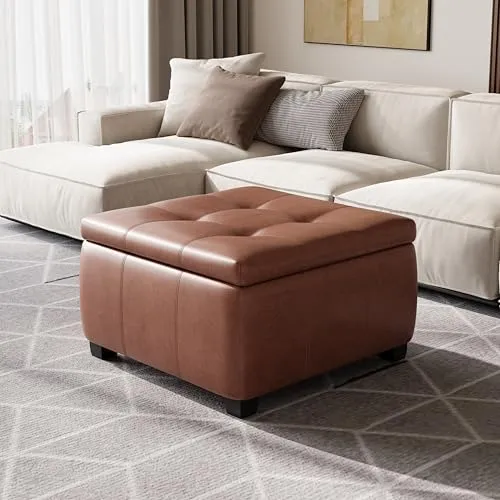 Christopher Knight Home Anivia Faux Leather Square Storage Ottoman Coffee Table, Wooden Ottoman with Storage, Entryway Modern Square Footstool, Upholstered Toy Box Storage for Living Room, Brown