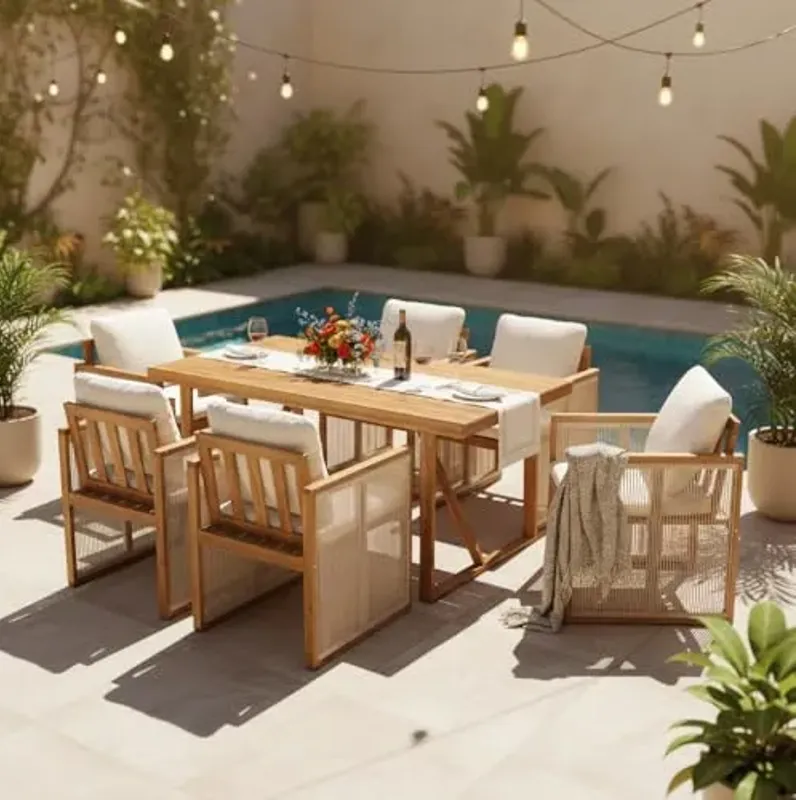 Christopher Knight Home Jayce 7 Pieces Acacia Wood Dining Table Set for 6, Outdoor Dining Set, Dining Chairs Set of 6 with Cushions and Rope Accents, Slats Panel Rectangle Table, Cream + Teak + Beige