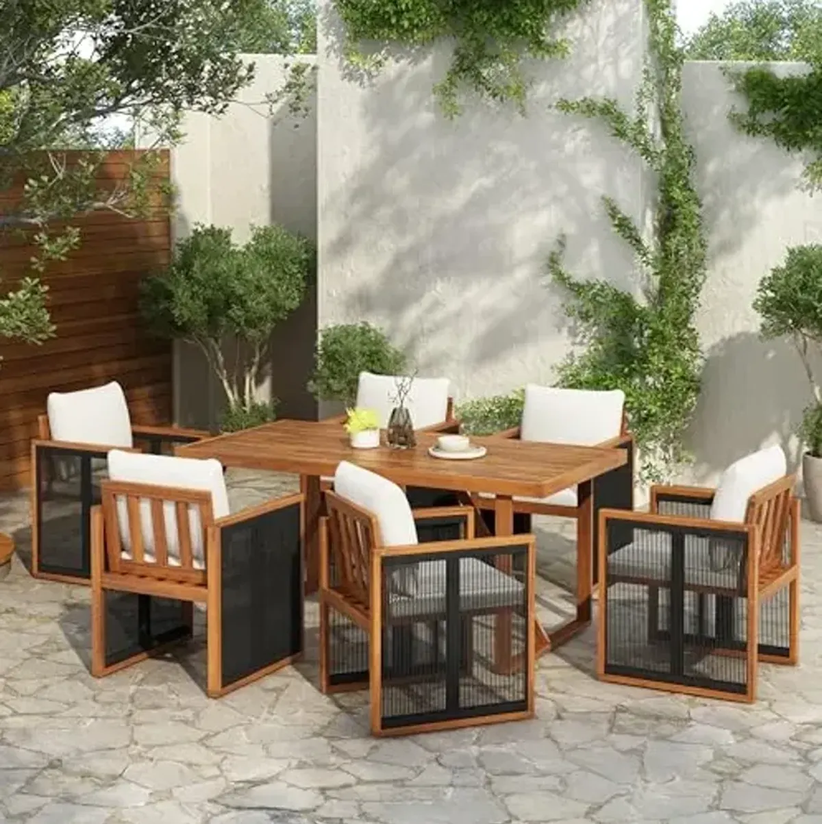 Christopher Knight Home Jayce 7 Pieces Acacia Wood Dining Table Set for 6, Outdoor Dining Set, Dining Chairs Set of 6 with Cushions and Rope Accents, Slats Panel Rectangle Table, Cream + Teak + Black