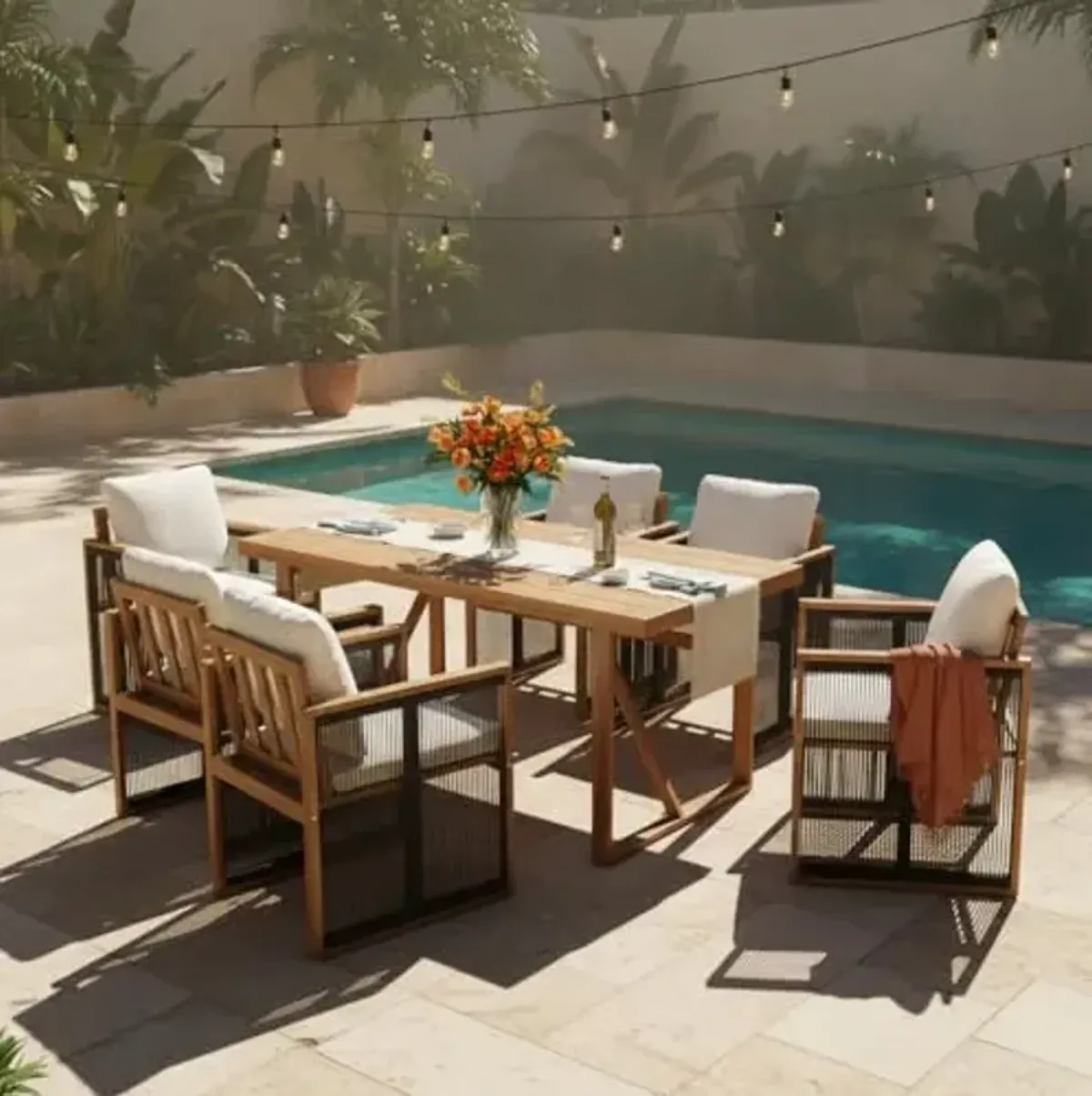 Christopher Knight Home Jayce 7 Pieces Acacia Wood Dining Table Set for 6, Outdoor Dining Set, Dining Chairs Set of 6 with Cushions and Rope Accents, Slats Panel Rectangle Table, Cream + Teak + Black