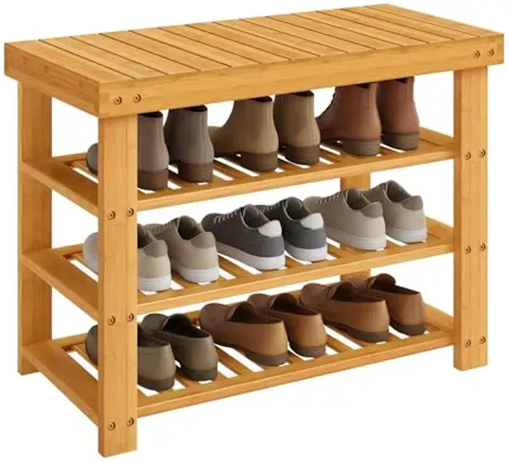 SONGMICS Shoe Rack Bench, 3 Tier Bamboo Shoe Storage Organizer, Entryway Bench, for Living Room, Bathroom, Bedroom, 11.3 x 27.6 x 20.5 Inches, Light Bamboo ULBS370YL01