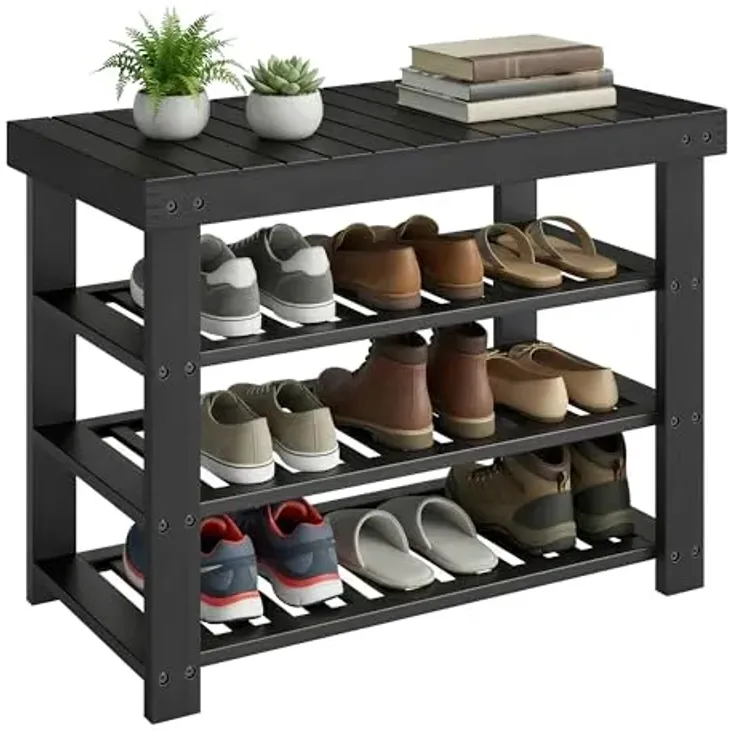 SONGMICS Shoe Rack Bench, 3 Tier Bamboo Shoe Storage Organizer, Entryway Bench, for Living Room, Bathroom, Bedroom, 11.3 x 27.6 x 20.5 Inches, Ink Black ULBS370BH01
