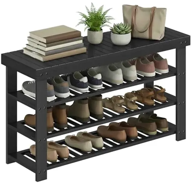 SONGMICS Shoe Rack Bench, 4 Tier Bamboo Shoe Storage Organizer, Entryway Bench, for Living Room, Bathroom, Bedroom, 11.3 x 35.2 x 20.5 Inches, Ink Black ULBS390BH01