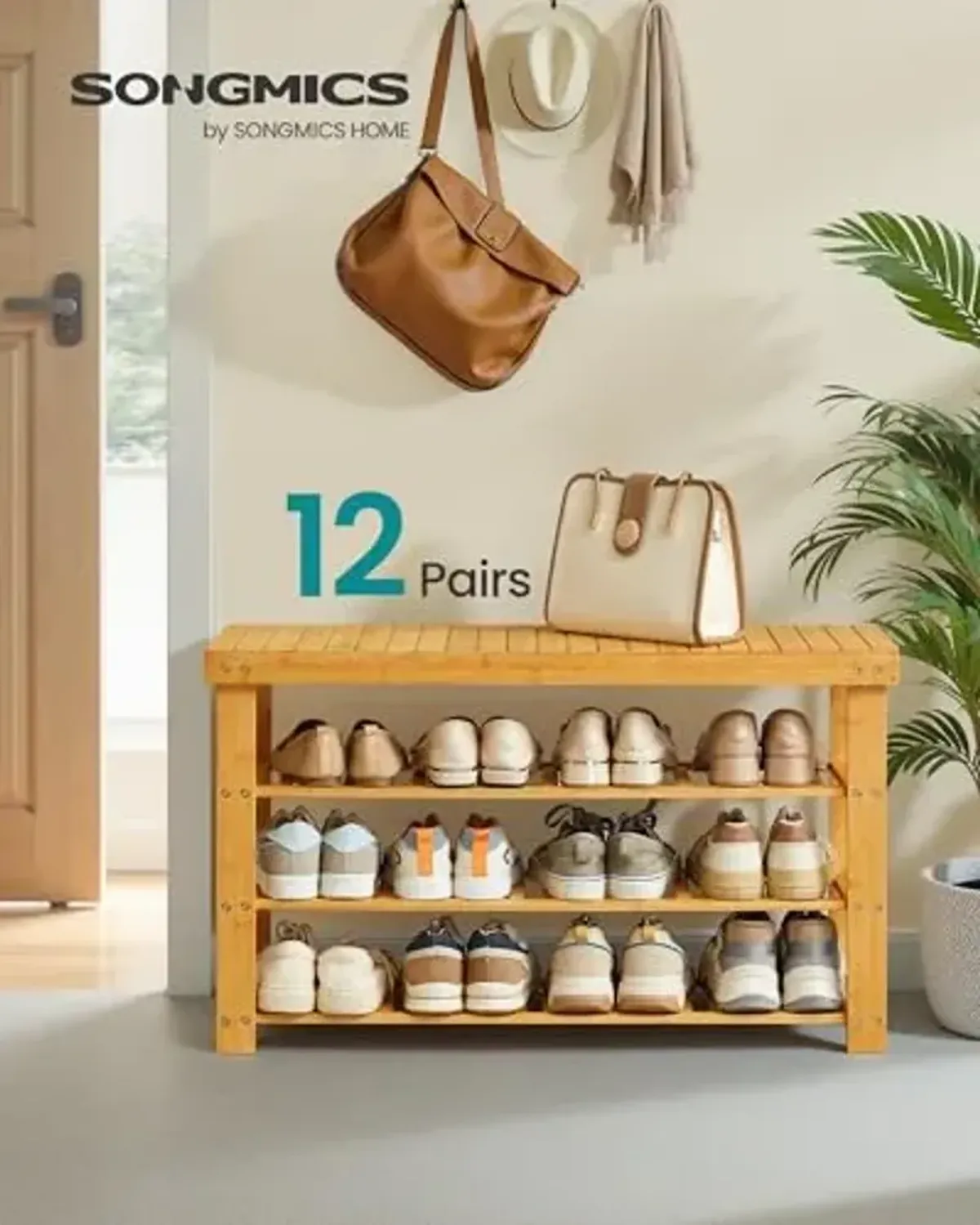 SONGMICS Shoe Rack Bench, 3 Tier Bamboo Shoe Storage Organizer, Entryway Bench, for Living Room, Bathroom, Bedroom, 11.3 x 35.2 x 20.5 Inches, Light Bamboo ULBS390YL01