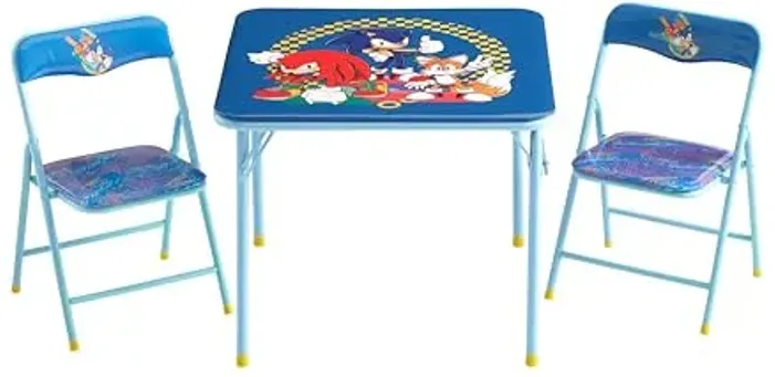 Sega Sonic The Hedgehog Kids Table and Chair Set, 3-Piece Square Table with 2 Folding Chairs for Playroom & Activities