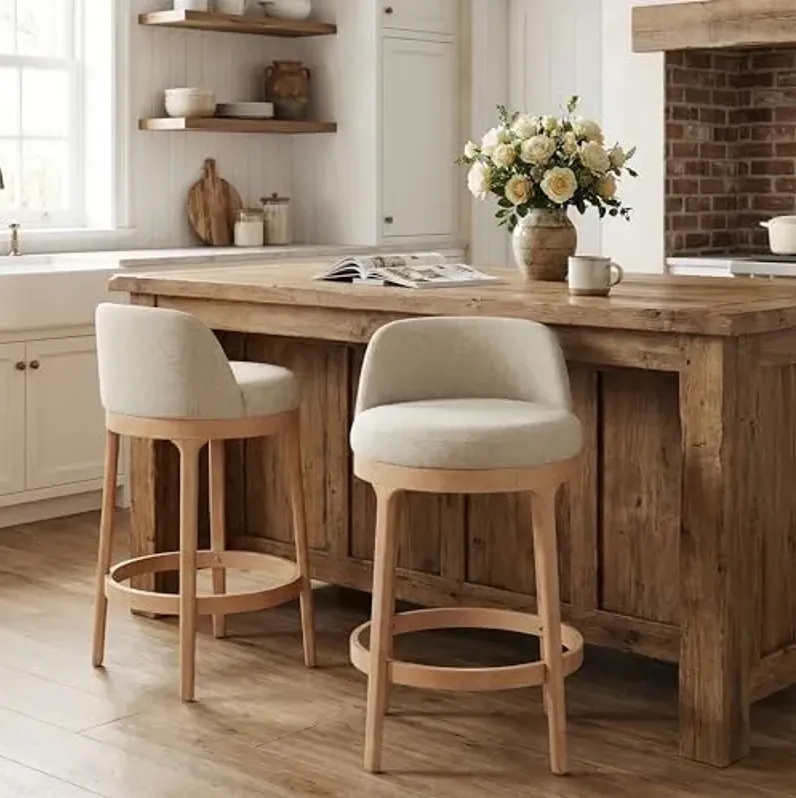 Christopher Knight Home Chole 26.5" H Bar Stools Set of 2, Indoor Wooden Counter Stools with Round Upholstered Seat, Kitchen Stools, Rubberwood Frame with Footrest for Dining Island, Beige + Natural