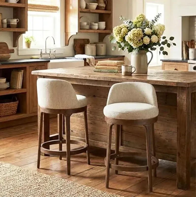 Christopher Knight Home Chole 26.5" H Bar Stools Set of 2, Indoor Wooden Counter Stools with Round Upholstered Seat, Kitchen Stools, Rubberwood Frame with Footrest for Dining Island, Beige + Walnut