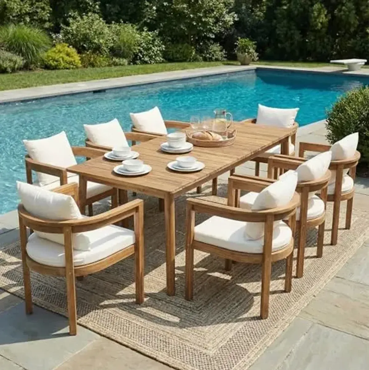 Christopher Knight Home Abaco Outdoor Acacia Wood Dining Table Set for 8, Outdoor Dining Set, Patio Table and Dining Chairs Set of 8 with Cushions, 9 Pieces Patio Set with Cushions, Beige and Teak